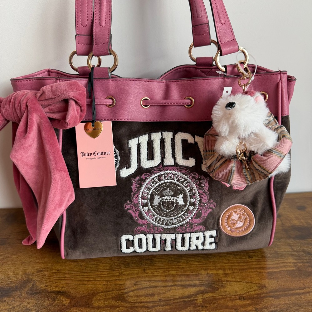 New Juicy Couture Varsity Brown Pink Daydreamer Tote Shoulder Handbag Charm